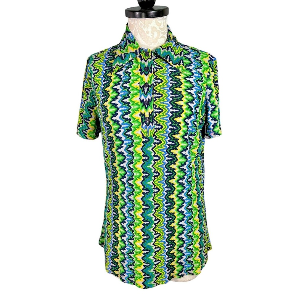 Vintage Flame Stitch Disco Polo Short Sleeve Shirt Abstract Blue Green